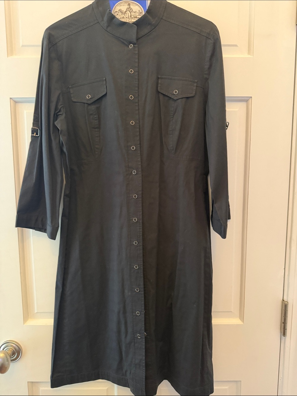 Stand-Collar Black Button-Front Long Sleeve Dress